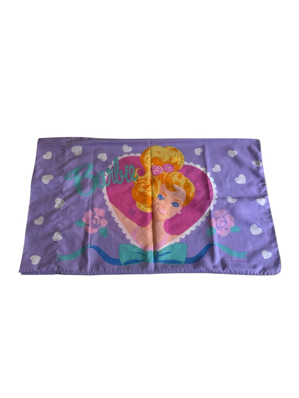 Mattel Barbie 1992 Hearts Cotton Blend Purple Portrait Style Standard Pillowcase